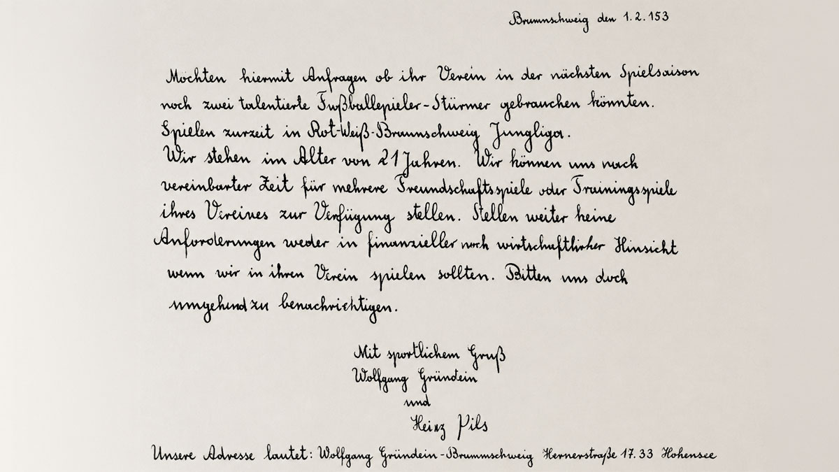 Bewerbung zweier Spieler fuer ein Testspiel im Jahr 1953